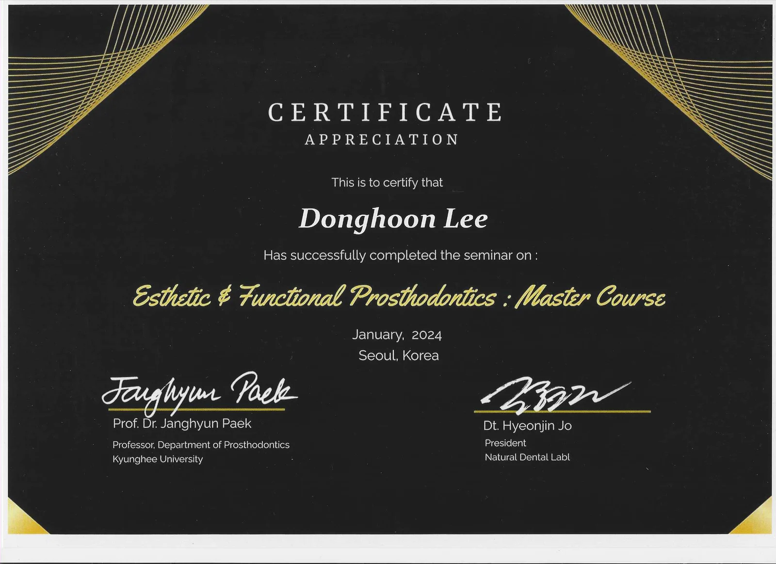Esthetic & Functional Prosthodontics Master Course 수료증